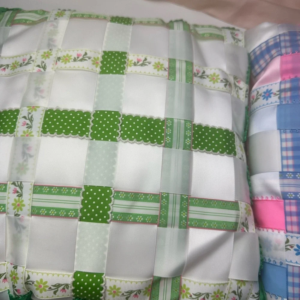 Ribbon Pillows By Marsha Lot;2 Small Fairy/Cottage Core Green & Pink Pillows NWT